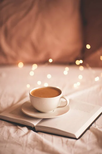 Fresh Cup Coffee Paper Book Indoors Bed Closeup Good Morning — Stock Photo, Image