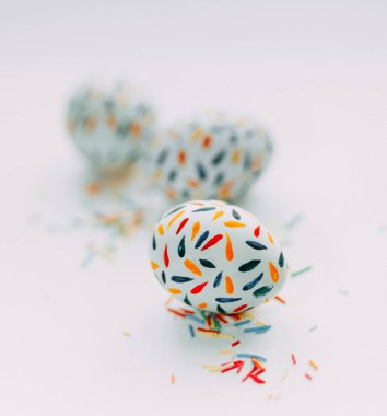 Paskalya yumurtası. Minimalist el boyaması. Yumurta fotoğrafı. Bahar havası. Minimalist el boyaması. Paskalya fotoğrafı. Paskalya. Dekor yumurtaları. Evinin stili. Dekordaki parlak aksanlar. Fırça çizimleri ve boyalar. Yumurtaların üzerinde renkli taç yaprakları.