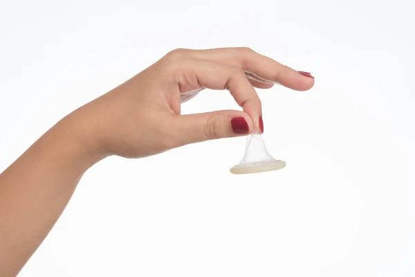 Asiatisk Kvinne Med Kondom Hvit Bakgrunn – stockfoto