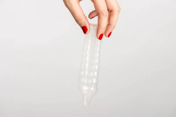 Asian Woman Hand Holding Condom White Background — Stock Photo, Image