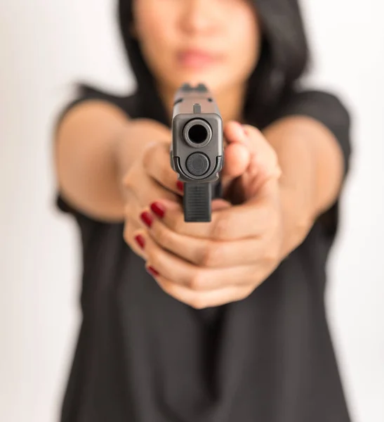 Jeune Femme Asiatique Fille Tenant Pistolet Visant Pistolet Avec Mise — Photo