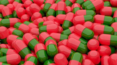 Arka planda kırmızı ve yeşil kapsüllerin 3 boyutlu resimleme kapsülleri yer alıyor.