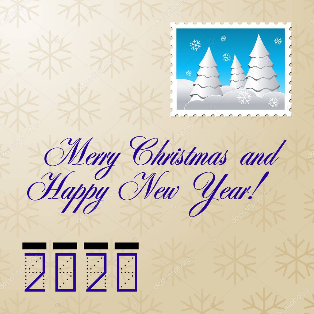 Merry Christmas and Happy New Year calligraphic lettering on vintage paper vector square social network post or banner template. Old postcard style with zip code and postage stamp.