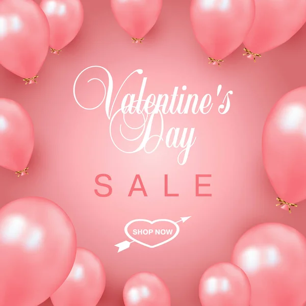 Valentines Day Sale Shop Now Text Pink Background Balloons Special — Stock Vector