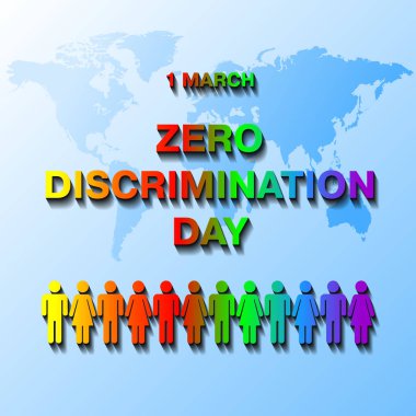 1 March Zero Discrimination Day rainbow text on blue world map clipart