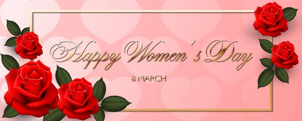 Happy Womens Day Calligraphic Golden Text Pink Background Hearts Red — Stock Vector