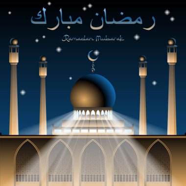 Ramazan Mübarek camiyi yıldız ve hilal sembolü ile aydınlatmış ve yıldızların arka planında koyu mavi gece gökyüzünde ışık huzmeleri oluşturmuştur. Arapça metin çevirisi Ramazan Mübarek