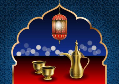 Ramazan iftar partisi gıda vektör illüstrasyonu. Geleneksel Doğu Dallah kahve demliği, iki fincan acı kahve Khaleji ve Arap feneriyle. Doğulu kemer ve süs.