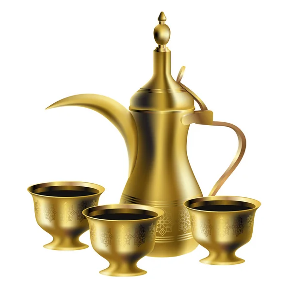 Vecteur Réaliste Doré Arabe Cafetière Dallah Trois Tasses Café Amer — Image vectorielle