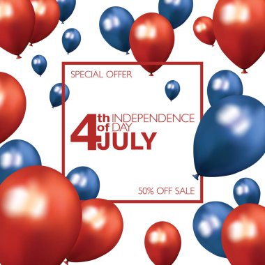 4 Temmuz özel indirimli reklam, kupon, afiş, kart, sosyal ağ posta şablonu beyaz arka planda kırmızı ve mavi balonlar