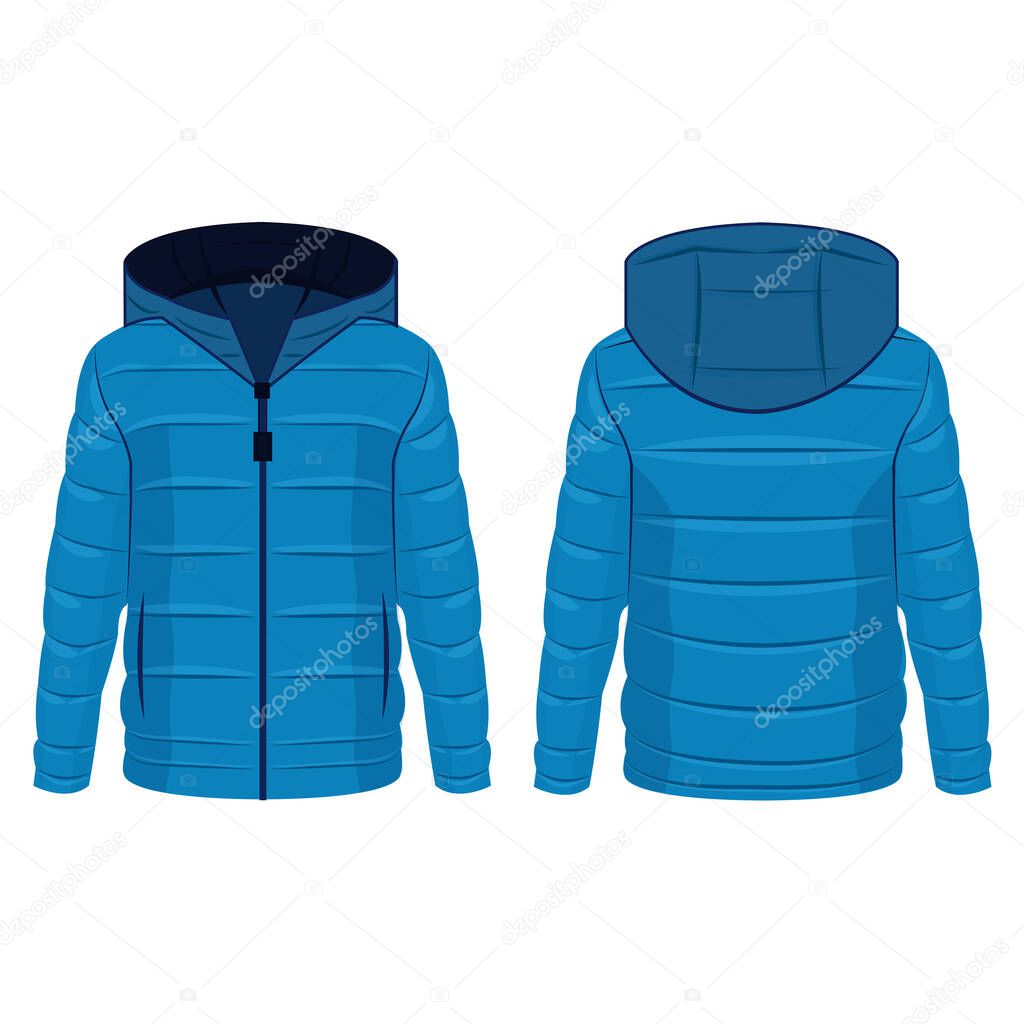 Light blue winter down zipped jacket with hood isolated vector on the white background