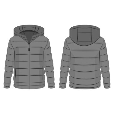Grey winter down zipped jacket with hood isolated vector on the white background clipart