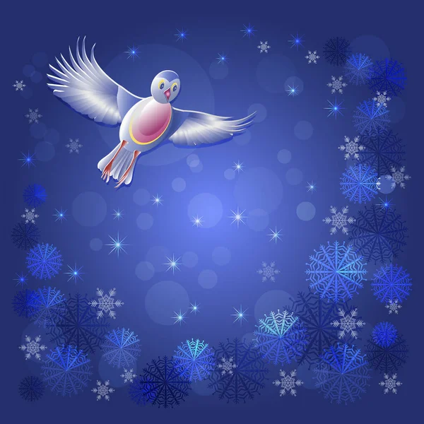 Bird in flight on a winter navy blue background with snowflakes. A blue bird with a pink plumage on its stomach flies. Snow falls. Christmas colorful background