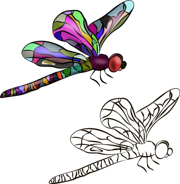 Duas libélulas estilizadas idênticas. Vista lateral. Uma libélula é colorida. O segundo é preto e branco. Ilustração vetorial para colorir. 10 EPS —  Vetores de Stock