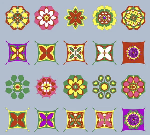 Ensemble d'éléments abstraits multicolores isolés sur fond gris. Vingt détails à partir desquels vous pouvez faire une variété de modèles. Vecteur . — Image vectorielle
