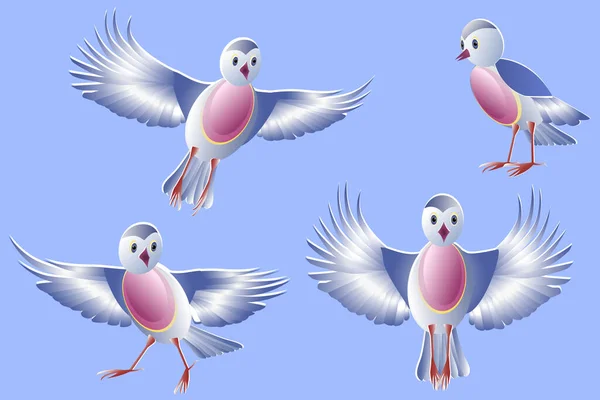Mavi arka planda izole edilmiş bir grup stilize kuş. Pembe göğüslü ve kırmızı pençeli mavi kuşlar. Kuşlar uçuyor, ayakta, koşuyor ve şarkı söylüyor. Vektör. — Stok Vektör