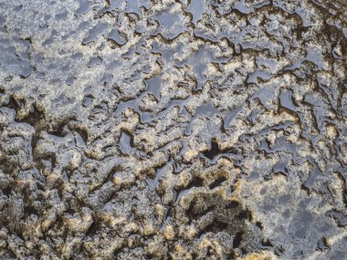 Eski bir taş kaldırım suyla doludur. Taşın üzerinde bir sürü şişlik ve oyuk var. Ortaçağ taş arka planı.