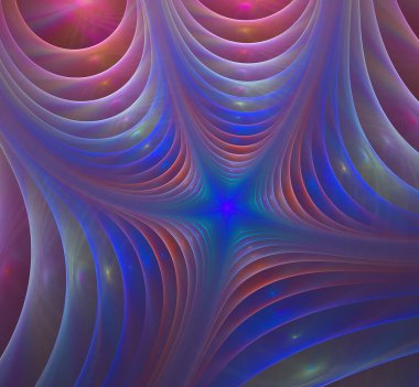 Merkezinde renkli bir yıldız olan soyut fraktal arkaplan. Işınlar arasında birçok paralel zar vardır, bir yay içinde yer alırlar.. 