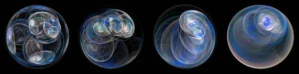 Set of transparent blue balls on a black background. 3D Inside the balls visible air turbulence, the balls rotate. A fractal image generated on a computer.