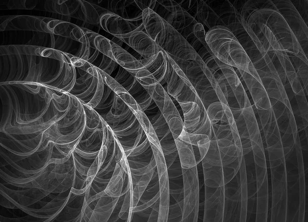 Vortices of smoke fold into rings and move diagonally. Black-white illustration. Abstract fractal background generated by computer