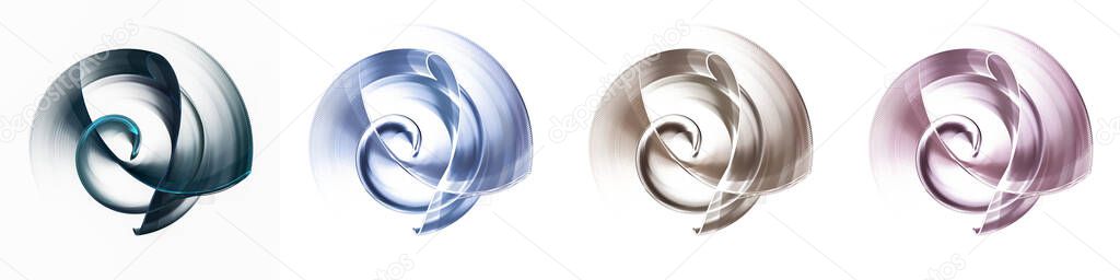 Set of rotating parts with blades and curls on a white background. Fractal image for the logo. 3D Computer generated.