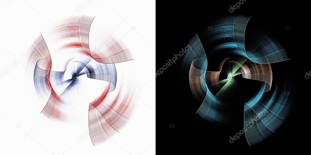 Set of abstract engine images for logo on a white and black background. 3D. Generated on a computer.
