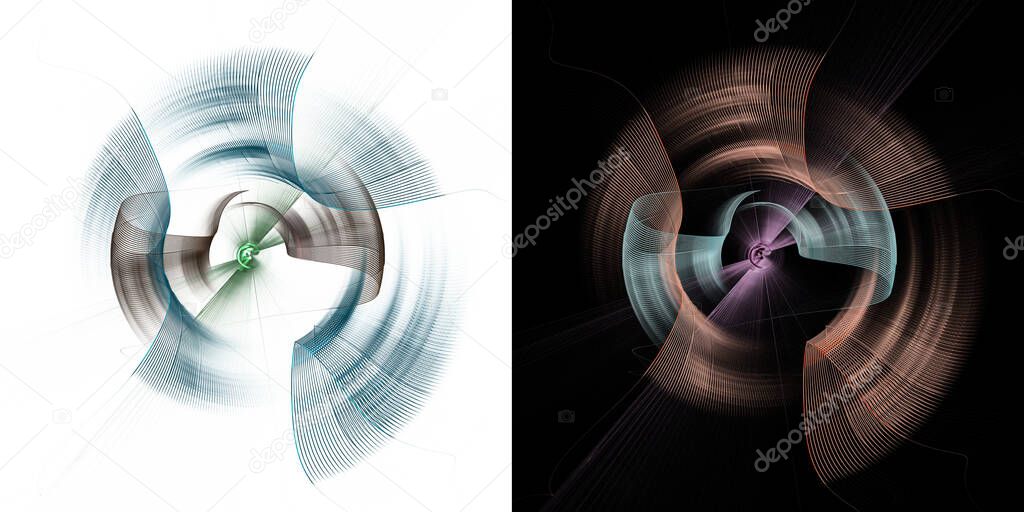Abstract stylized image of the rotating parts of the mechanism on a black and white background. Illustration generated on a computer. 3D Fractal image for the logo.