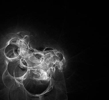 Siyah arkaplanda daireler çizen bir nebula. Siyah beyaz çizim. Bilgisayar tarafından oluşturulan fraktal arkaplan.