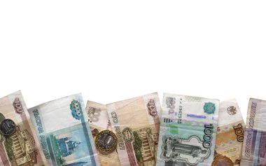 Rus parası ve mesajlaşmak için yeri olan bir geçmiş. Rubleler beyaz arkaplanın altında yer alır.