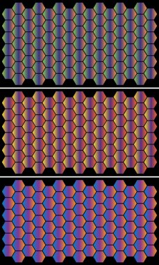 Bir dizi dokulu, parıltılı, soyut arka planlar. Poligonlar siyah arka planda bir mozaiğe dönüştü. Vektör. EPS10.