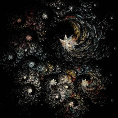 Kuyrukluyıldızlar gece gökyüzünde döner. Yıldızlı ve kuyruklu yıldızlı soyut fraktal arkaplan. 3d oluşturma.