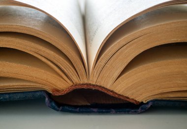 Sarı sayfalı eski bir kitap açık. Kitabın omurgası ve sayfaların bir kısmı görünür. Yakın plan. Kütüphaneler, eğitim, araştırma ve diğer faaliyetler için altyapı.