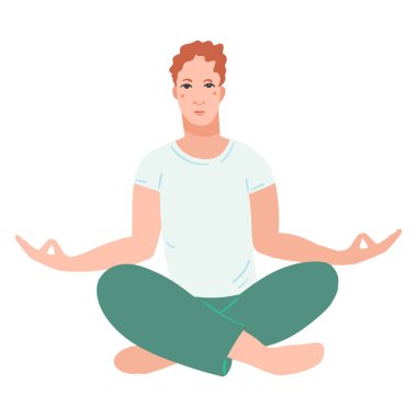 Yoga yapan genç yakışıklı adamlar. Lotus duruşu ve meditasyon yapan erkek çizgi film karakteri