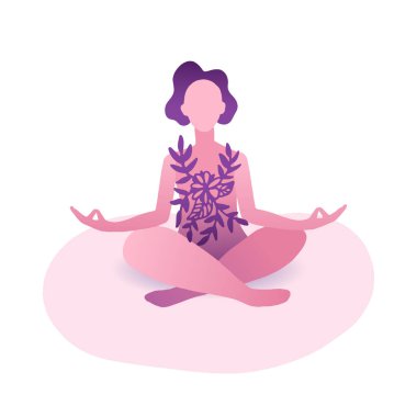 Yoga yapan genç ve güzel bir kadın. Lotus duruşu ve meditasyon yapan kadın çizgi film karakteri 