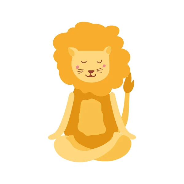 Leone dei cartoni animati che esegue esercizio di yoga. Personaggio dei cartoni animati seduto in posizione di loto e meditando vipassana — Vettoriale Stock