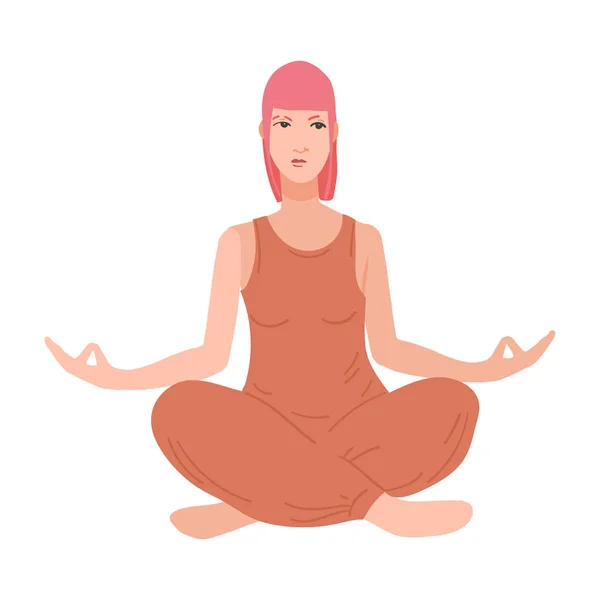 Jovem mulher bonita realizando exercício de ioga. Personagem de desenho animado feminino sentado na postura de lótus e meditando vipassana — Vetor de Stock