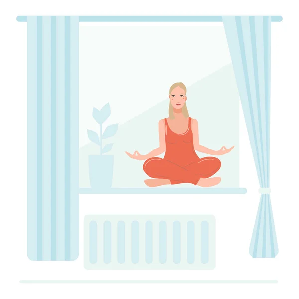 Mladá hezká žena sedí na okně ve svém pokoji a cvičí jógu. — Stockový vektor