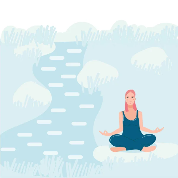 Mladá hezká žena sedí v blízkosti řeky v lese a provádí jóga cvičení. — Stockový vektor