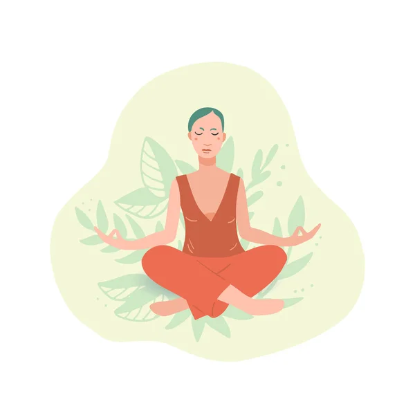 Giovane bella donna che esegue esercizio di yoga. Femmina personaggio dei cartoni animati seduto in posizione di loto e meditando vipassana — Vettoriale Stock