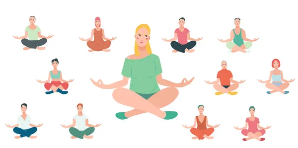 Mladí lidé cvičí jógu. Žena a muž kreslené postavičky sedí v lotosu držení těla a meditující vipassana — Stockový vektor