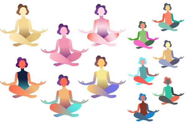 Een verzameling abstracte vrouwen met meditatie in verschillende kleuren. Vrouwelijke stripfiguur zittend in lotushouding en mediterend vipassana — Stockvector