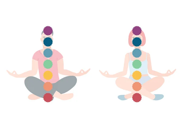 Meditar hombres y mujeres en pose de loto realizando vipassana. Personaje de dibujos animados femenino y masculino sentado en postura de yoga — Vector de stock