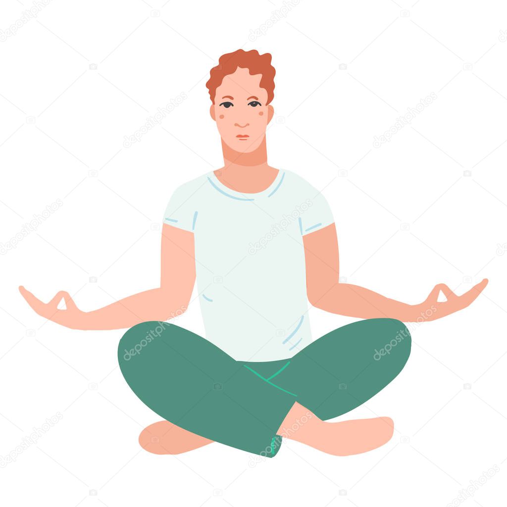 Young handsome men performing yoga exercise. Male cartoon character sitting in lotus posture and meditating vipassana