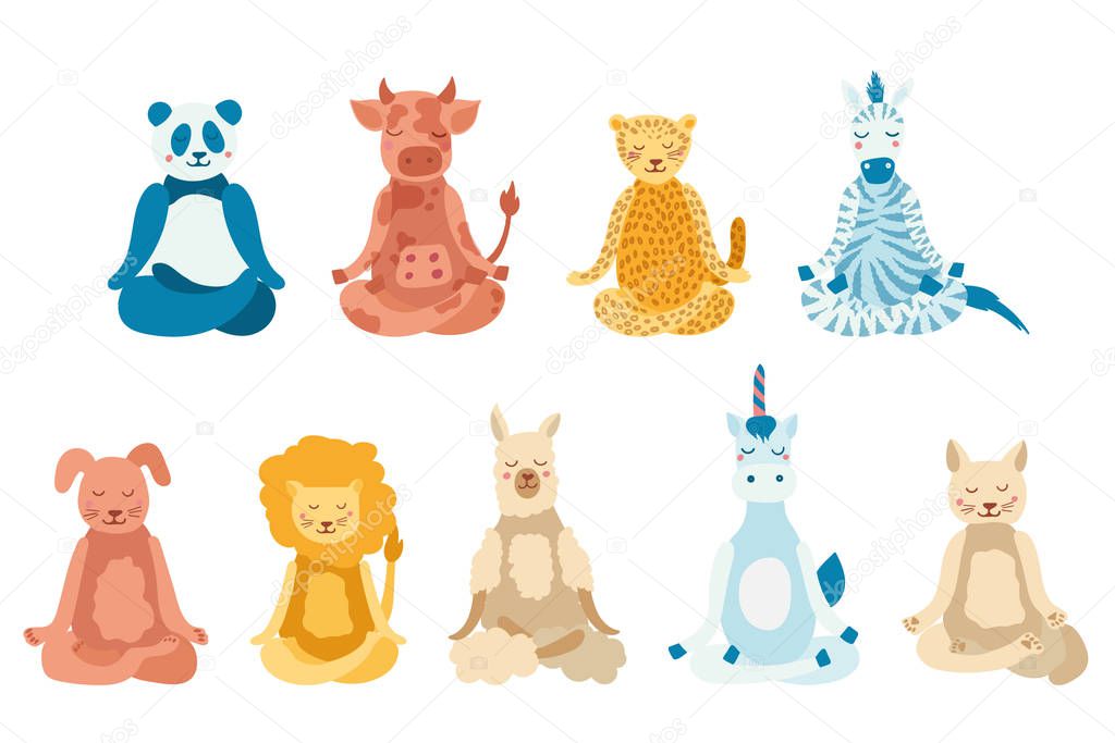 Cartoon animals performing yoga exercise. Drawing panda, cow, jaguar, zebra, dog, cat, lion, lama and unicorn character