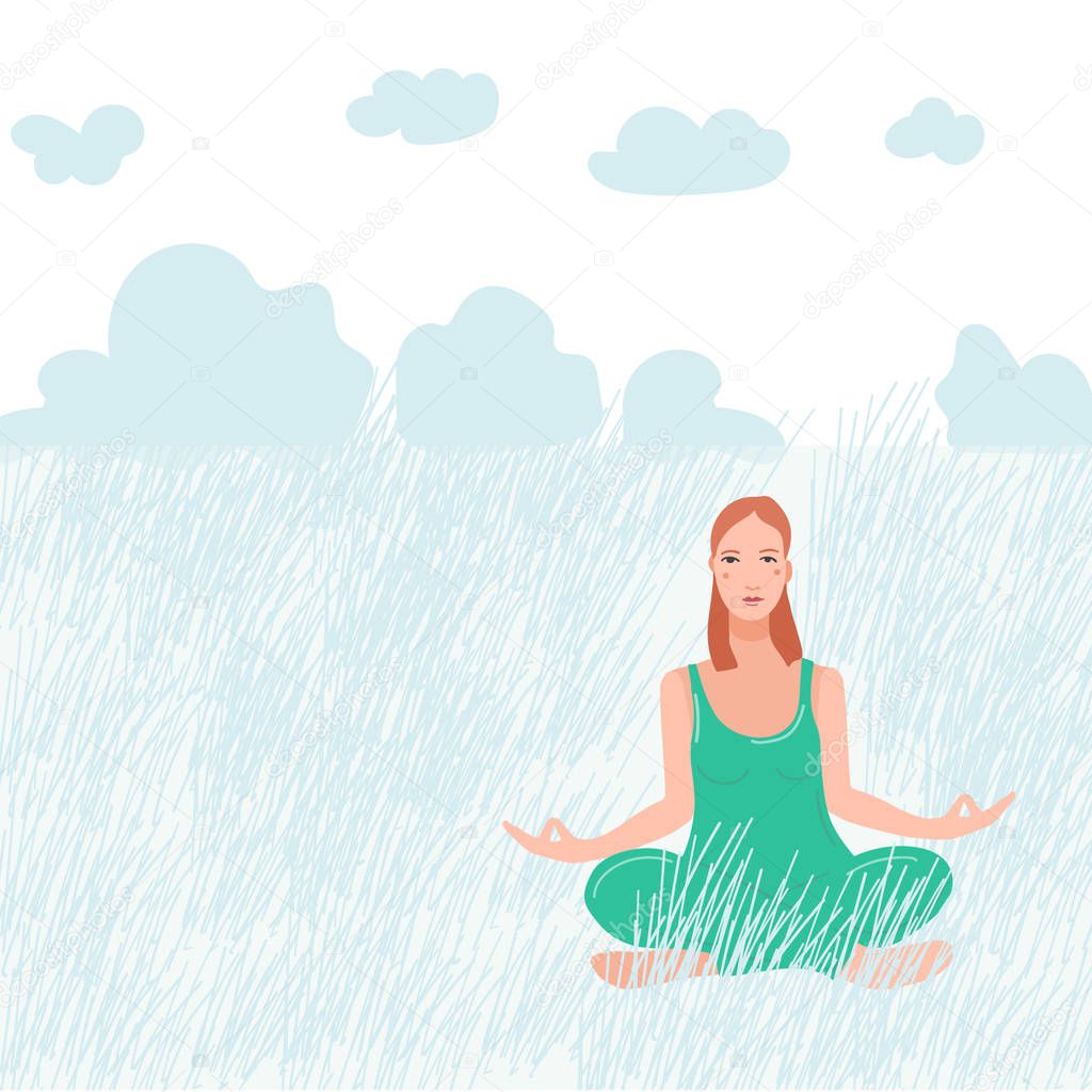 Young pretty woman sitting on nature and performing yoga exercise.