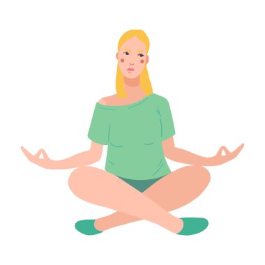 Yoga yapan genç ve güzel bir kadın. Lotus duruşu ve meditasyon yapan kadın çizgi film karakteri