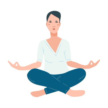 Yoga yapan genç ve güzel bir kadın. Lotus duruşu ve meditasyon yapan kadın çizgi film karakteri