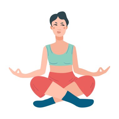 Yoga yapan genç ve güzel bir kadın. Lotus duruşu ve meditasyon yapan kadın çizgi film karakteri 