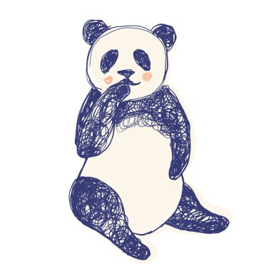Şirin panda çocuk ve yetişkin kıyafetleri için ağza oturuyor ve dokunuyor.