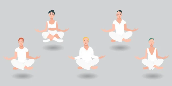 Group of men and women floating in the air in a lotus position in white clothes performing vipassana meditation. — Stock Vector